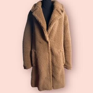 Faux Fur Teddy Coat Women’s XL Camel Brown Longline Sherpa Long Jacket Winter